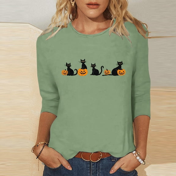 Women's Casual Crewneck T-Shirts Halloween Black Cat Jack-o-Lantern Graphic Print Long Sleeve Tops Comfortable Fall Pullover Tees Festive Party Clothing