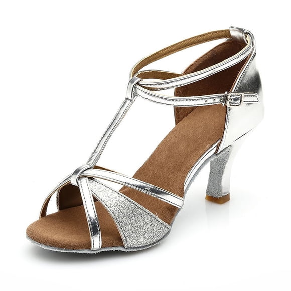 Latin Dance Shoes Soft Sole Ballroom Heels PU Upper Open Toe Slip on Practice Social Dancing Women Footwear