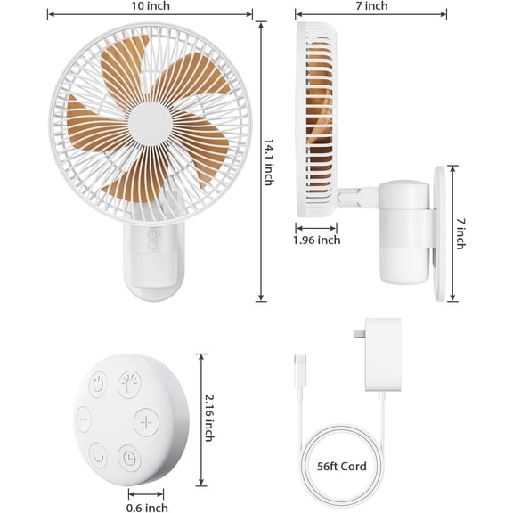 10" Small Wall Mount Fan with Light and Remote Control, RV FAN with Powerful Airflow,90° Oscillating, 4 Speeds, Timer, 180° Adjustable Tilt, for Home/RV, Bedroom, Small Space Applications