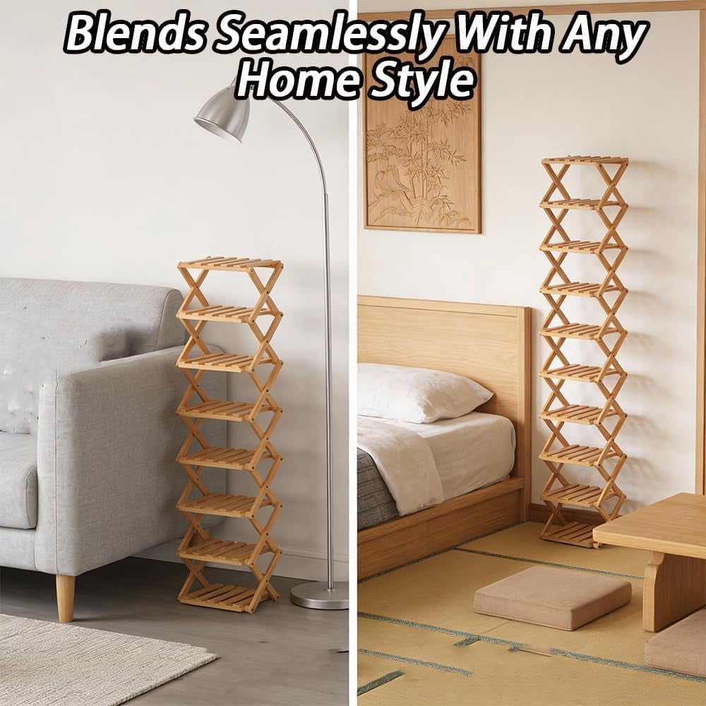 Tier Bamboo Shoe Rack, 2-9 Tiers Natural or Tea Color Foldable Shoe Rack Organizer, No-Tool Assembly Required with Strong Load-Bearing Capacity for Indoor