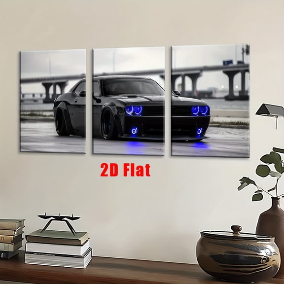 2D Flat, 2D/Flat, 3pcs/set, canvas paintings-frameless, black car with blue lights on it, Posters and prints, living room, office decor, wall art, Bedroom, School, cafe, abstract, home decoration, p
