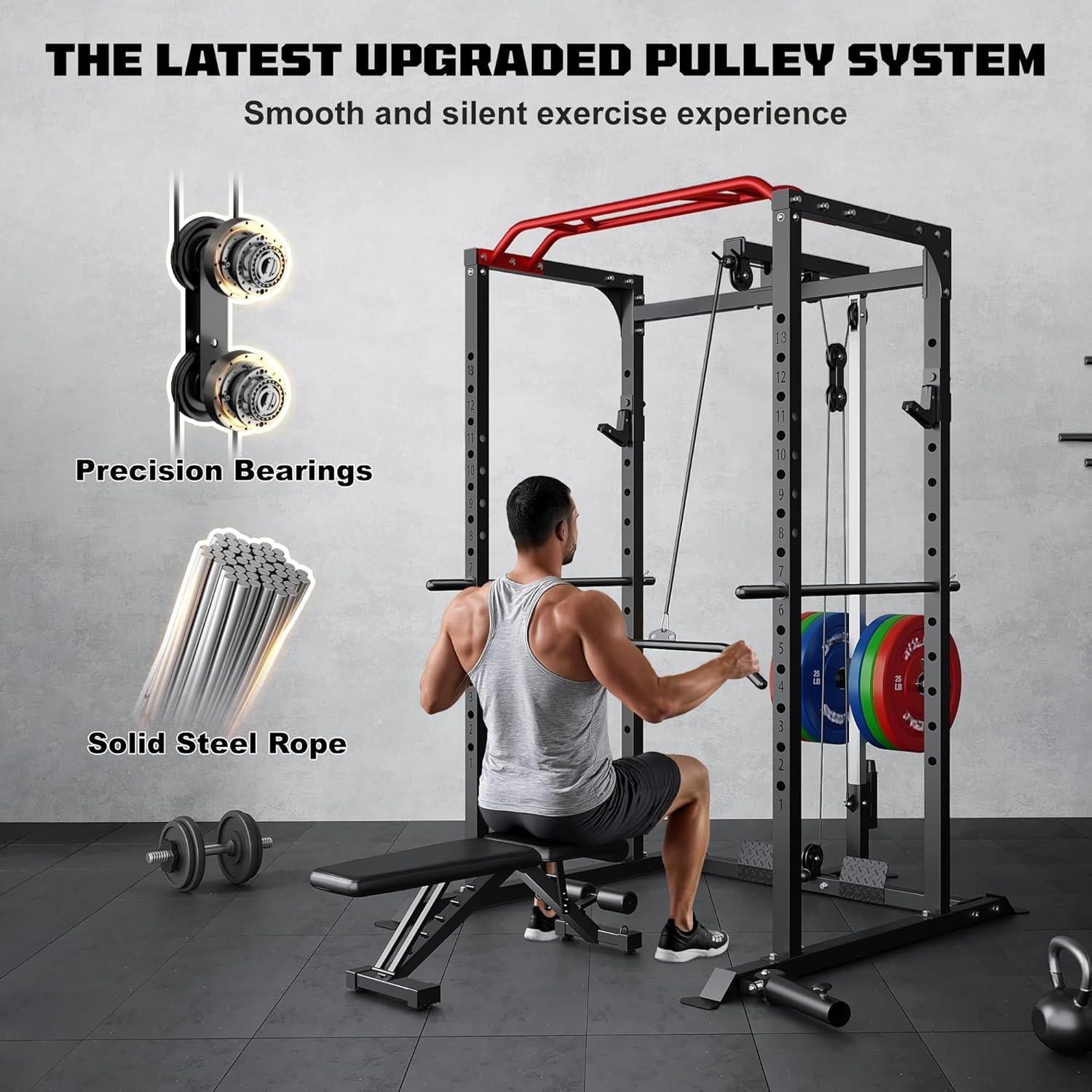 Forgemus Squat Rack for Home Gym,2000lbs Power Rack Squat Machine with LAT Pulldown and More Training Attachments,Weight Rack with Adjustable Pulley System for Full Body Workout,Black
