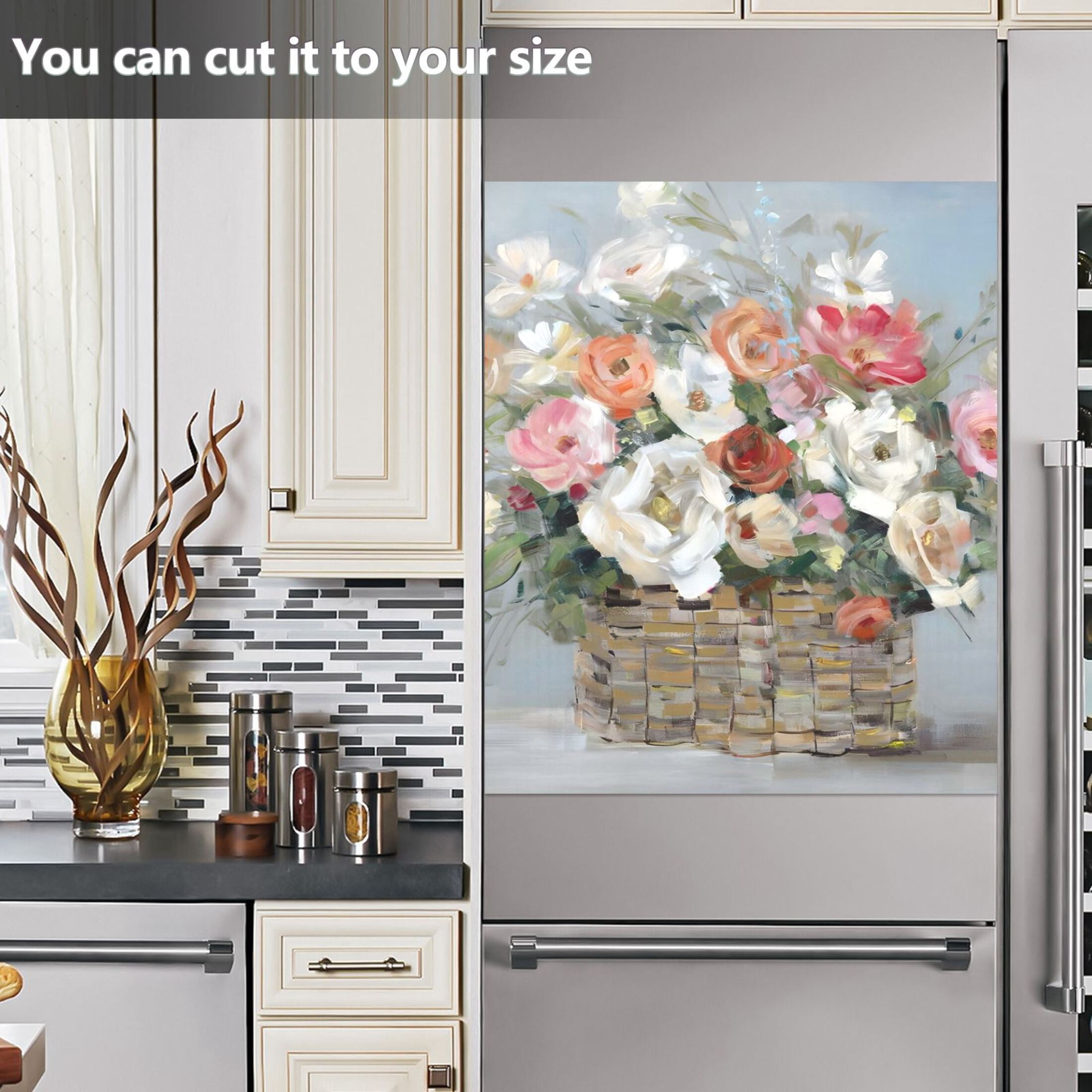 Flowers in A Basket Dishwasher Magnet Cover Reuseable Refrigerator Magnet Cover Decal Kitchen Fridge Microwave Stickers Hoilday Party Decor 23 x 26 inch