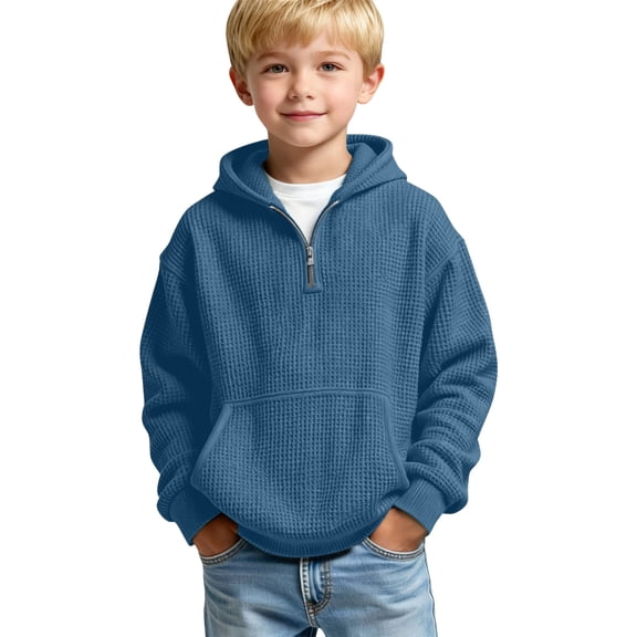OGLCCG Hoodies for Boys Size 7-8,Boys Waffle Pullover Hoodie Kids Long Sleeve Half Zip Hooded Sweatshirts with Pocket,Blue