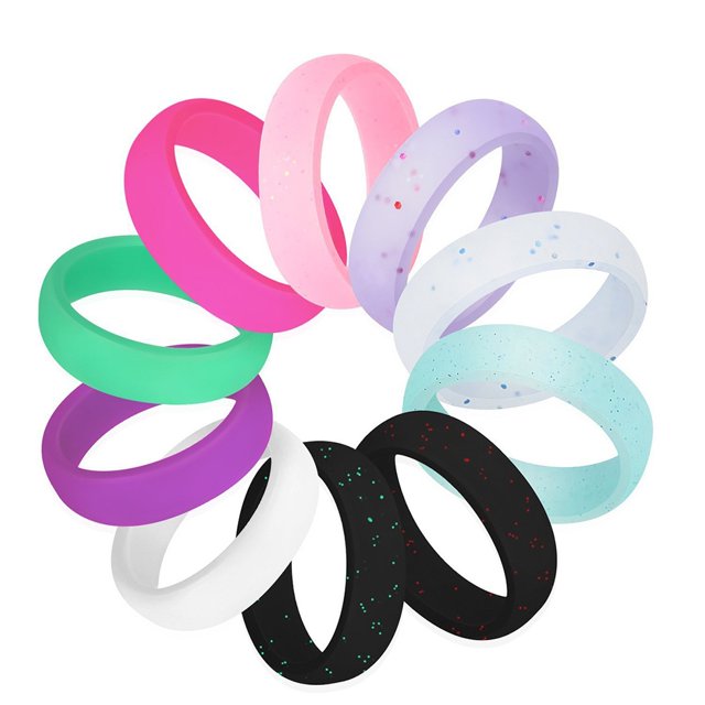 10pcs Sports Silicone Glitter Rings Thin and Stackable Durable Comfortable Antibacterial Rubber Rings Bands(Size 7)