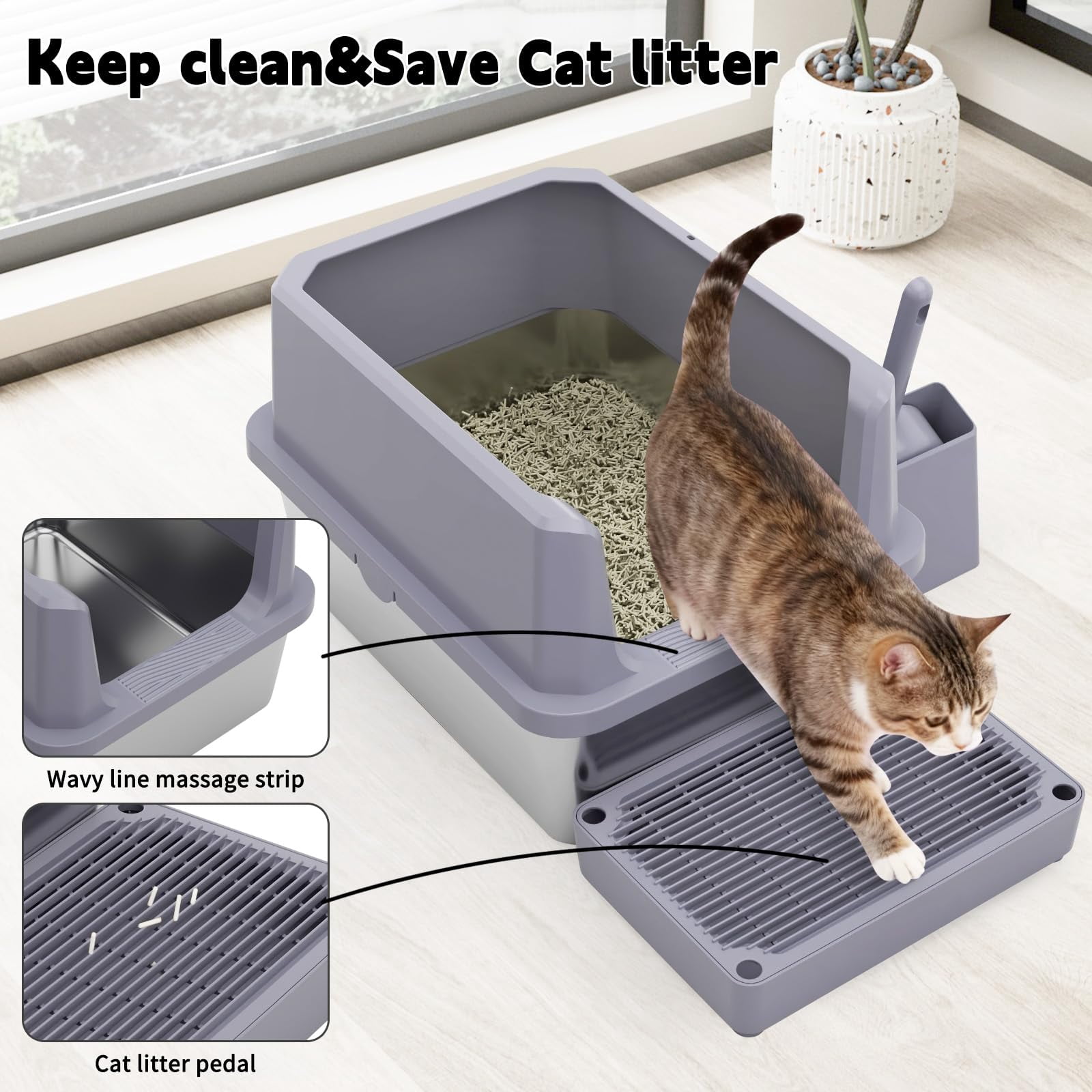 Cat Litter Box: Pink Stainless Steel Won't Trap Odors - Easy Rinse Clean Non-porous Open Top Design 11.6" High Sides 17.3"x13.5" With Scoop Studio Apartment/bathroom