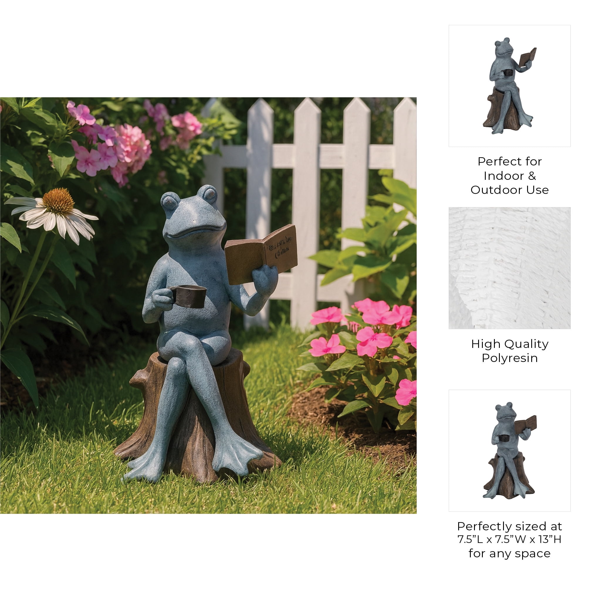 Decorative Resin Frog On Stump Statue for Garden Decor - Front Porch Accent for Landscape, Patio, or Outdoor Lounge Sitting Decor - Yard Sculpture for Walkways or Backyard - 13", Gray & Bronze