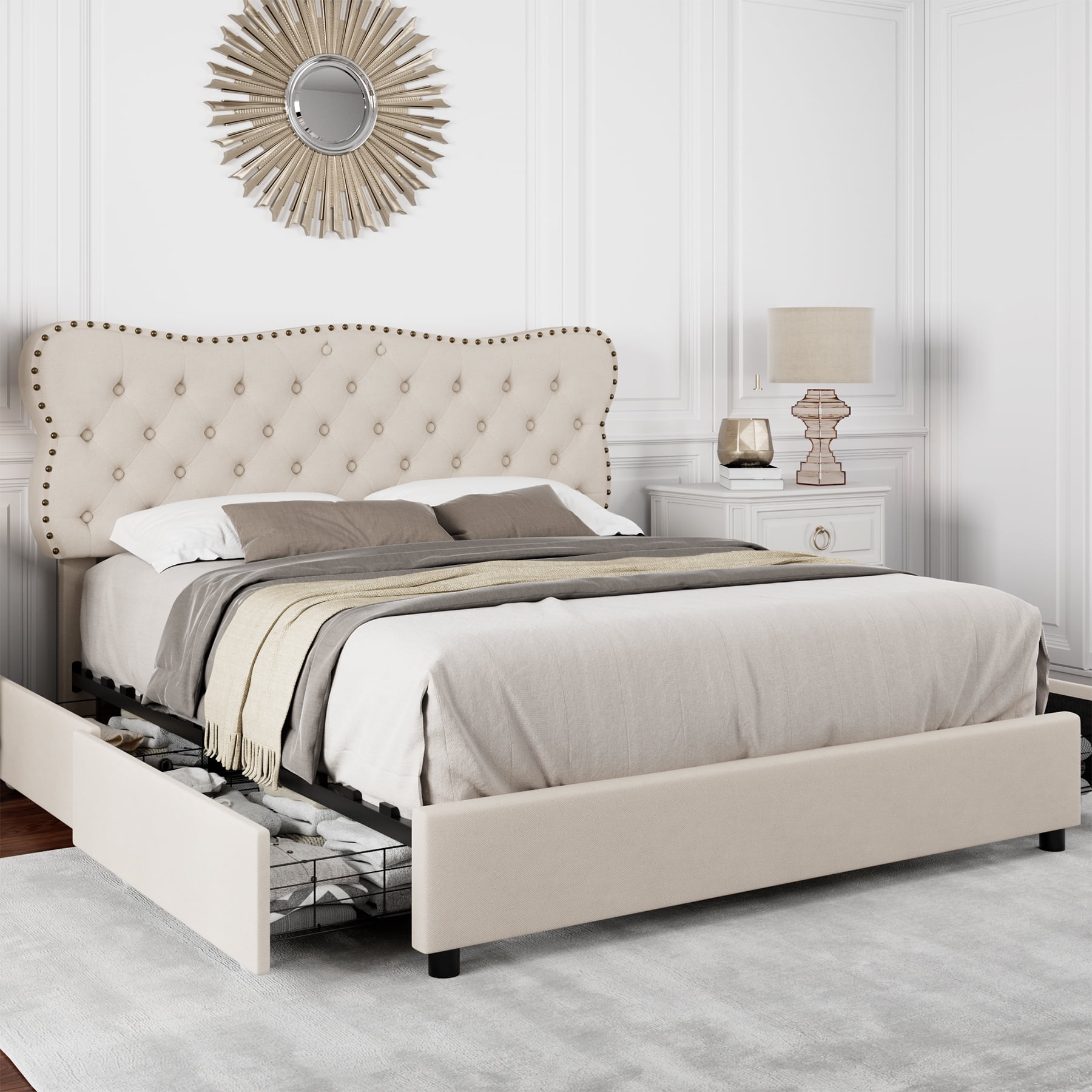 Homfa Queen Storage Bed, Linen Upholstered Button Tufted Platform Bed