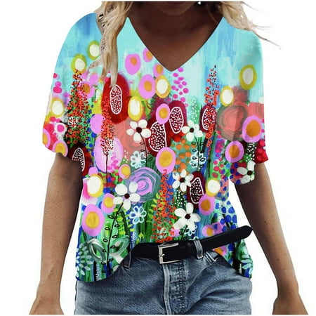 

Corset Tops for Women Floral Women s Fashion Casual Plus Size Scenic Flowers Printing V-Neck T-Shirt Tops Loose Short Sleeve Corset Tops for Women Floral Light Blue XXL