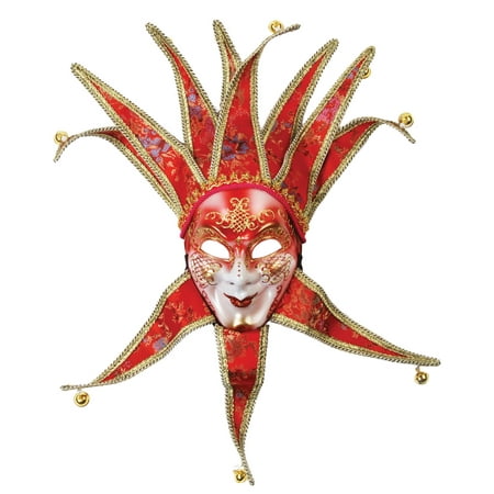 Loftus Jester Full Face Masquerade Venetian Mask w Bells, Red Gold, One-Size