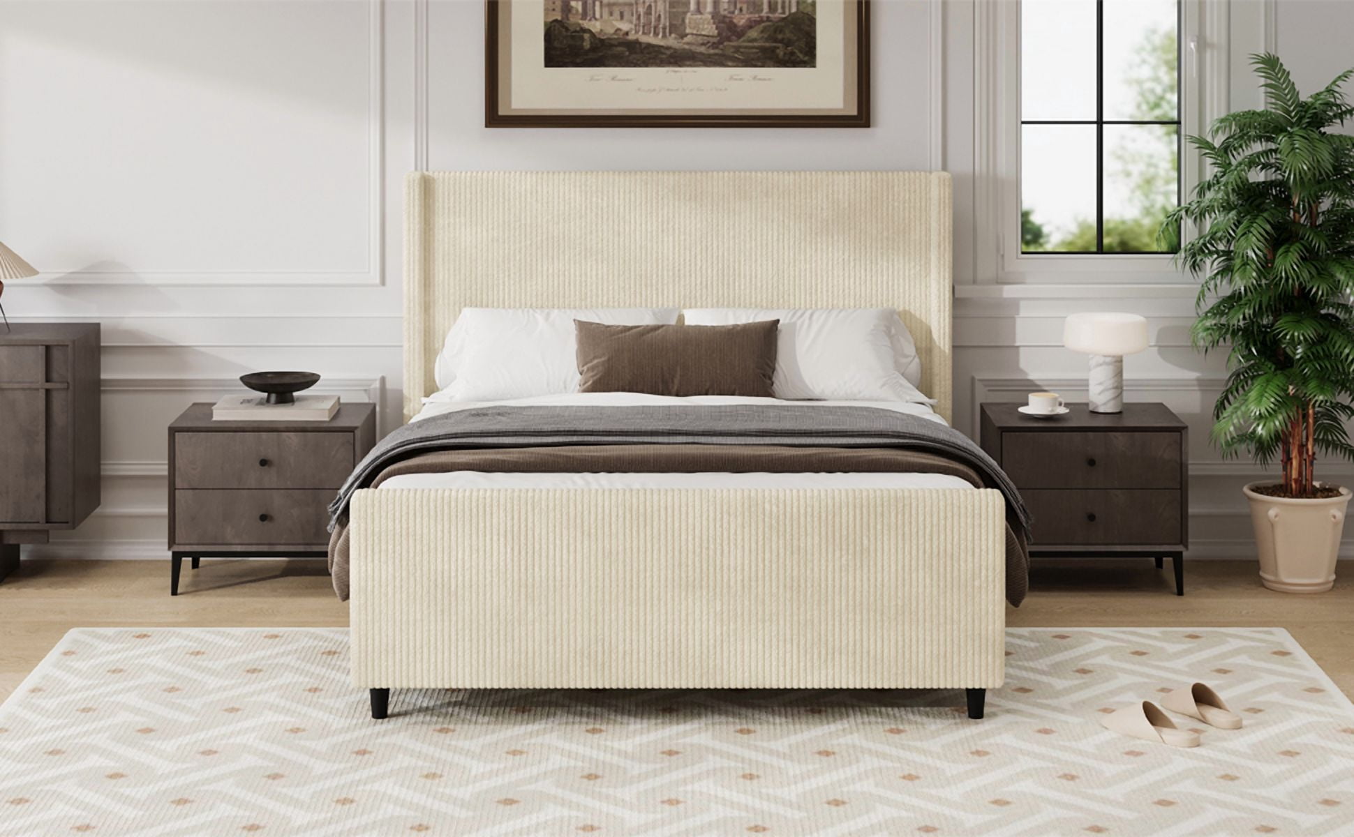 Euroco Corduroy Upholstered King Size Platform Bed with Vertical Stripe Wingback Headboard, Cream