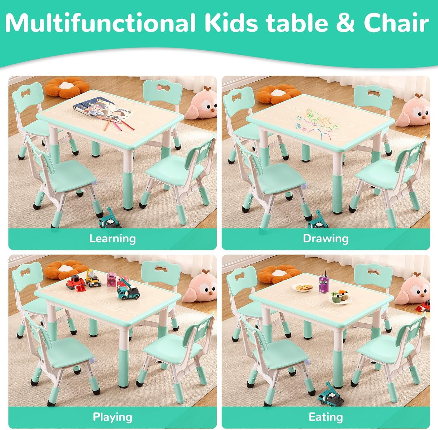 Lumiparty Kids Table and Chairs Set, Height Adjustable Toddler Table and 4 Chairs, Children Multi-Activity Table with Graffiti Desktop Non-Slip Legs for Ages 2-10, for Daycare, Home, Light Blue