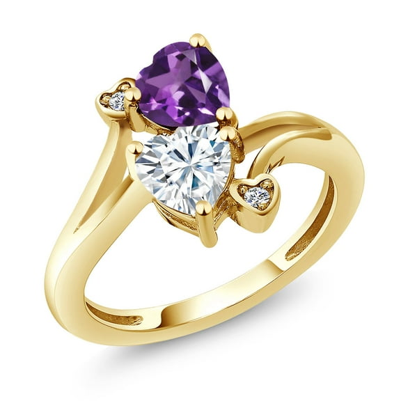 Gem Stone King 18K Yellow Gold Plated Silver Purple Amethyst White Moissanite and White Lab Grown Diamond Ring for Women (1.63 Cttw, Heart Shape 6MM, Gemstone February Birthstone, Size 7)