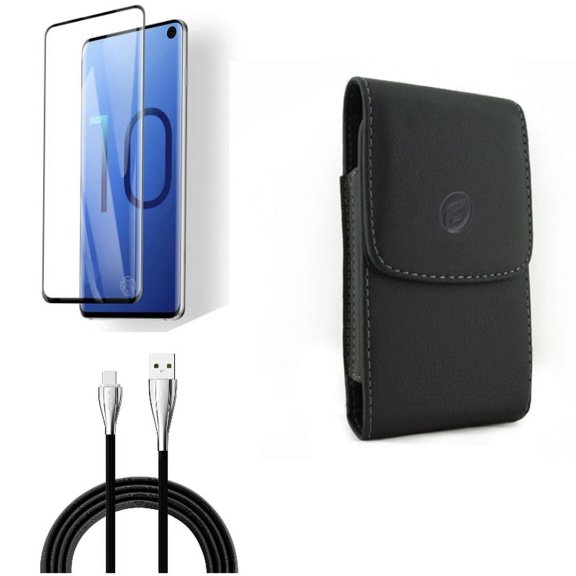 Galaxy S10 Screen Protector w Case Belt Clip w 6ft USB Cable - Tempered Glass [Fingerprint Works], Leather Holster, Type-C Charger Cord for Samsung Galaxy S10