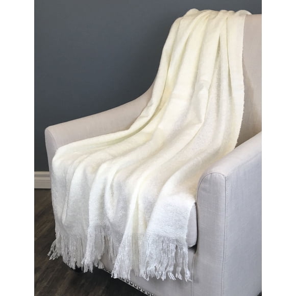 Jeté en Mohair Ivoire avec Franges