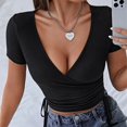thumbnail image 2 of Blusa negra con cuello en V y cordón, corte ajustado, mangas cortas, detalle lateral, talla M Summer Chic, 2 of 8