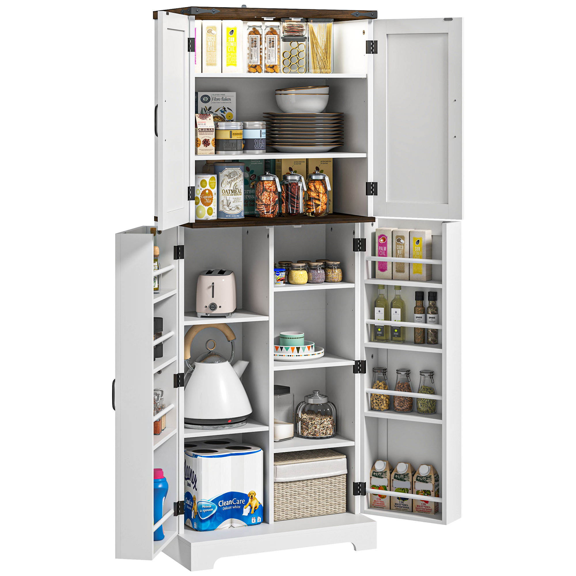 HOMCOM 64" Kitchen Pantry Storage Cabinet with Motion Sensor Light, Spice Racks and Adjustable Shelves, White