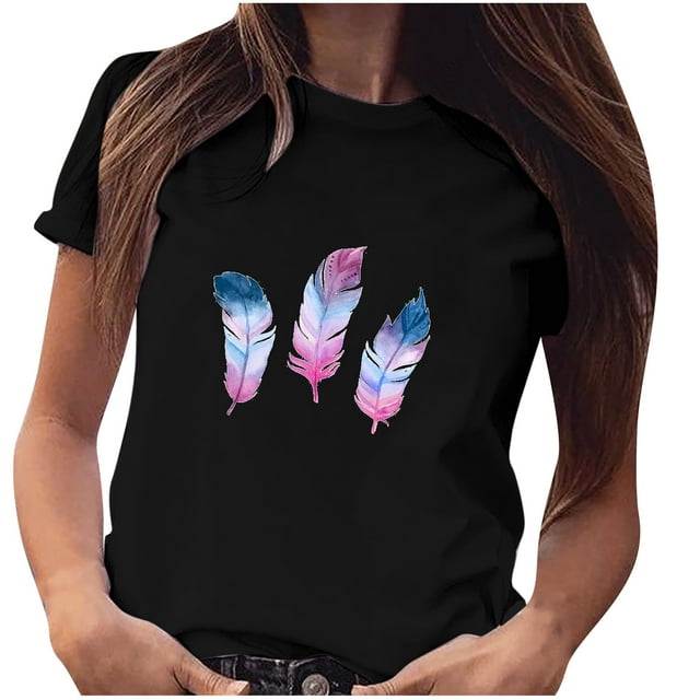Pompotops Chemise à Manches Courtes Imprimé Plumes pour Femmes et Filles, Grande Taille