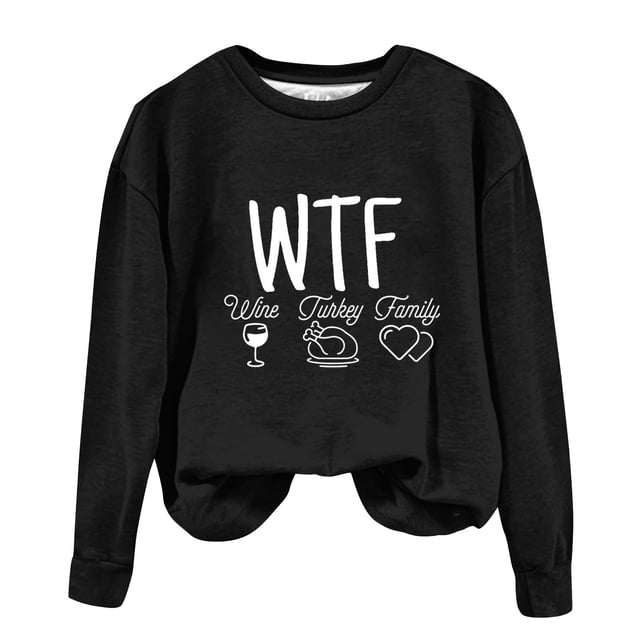 Rbaofujie Chandails Mignons pour Femmes Mode Femmes WTF Action de Grâce Vin Dinde Famille Décontracté Manches Longues Imprimé Col Rond Chandail en Molleton Ample Blouse Hauts Noir Chandails à Capuchon pour Filles