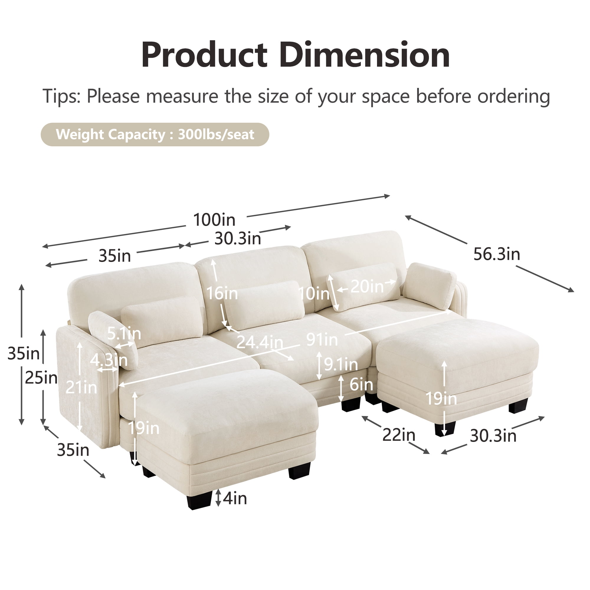100" U-shaped Tufted Modern Modular Sectional 3 Seater Sofa Couch with 2 Ottomans and 5 Pillows