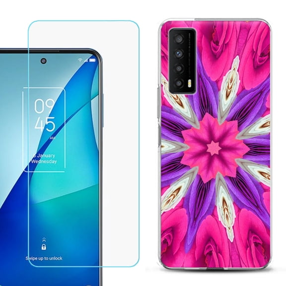 Slim-Fit Gel TPU Phone Case for TCL Stylus 5G, with Tempered Glass Screen Protector, by OneToughShield ® - Kaleidoscope Rose