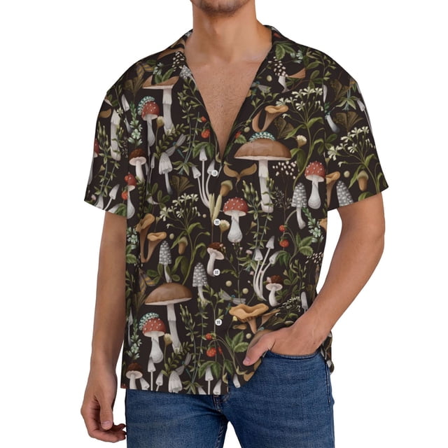 Balery Mushroom Garnish Camisa Casual de Manga Corta con Botones para Hombre, Texturizada, Estilo Cubano, para Playa, Verano-Medium