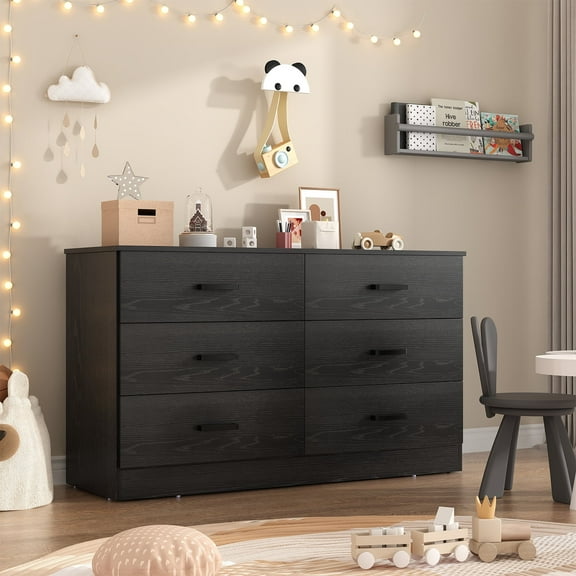 Black Dresser for Bedroom, Winkalon 6 Drawers Dresser Modern Wood Double Chest of Drawers for Bedroom Living Room