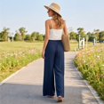 thumbnail image 7 of Vxararl Wide Leg Flowy Palazzo Pants for Women High Waisted Flowy Lounge Trousers with Drawstring Fashion Beach Travel Vacation Fall Clothes Palazzo Pants for Women Navy L, 7 of 7