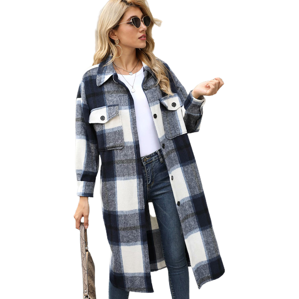 KZKR Women's Long Plaid Cardigan For Long Sleeve Lapel Button Down