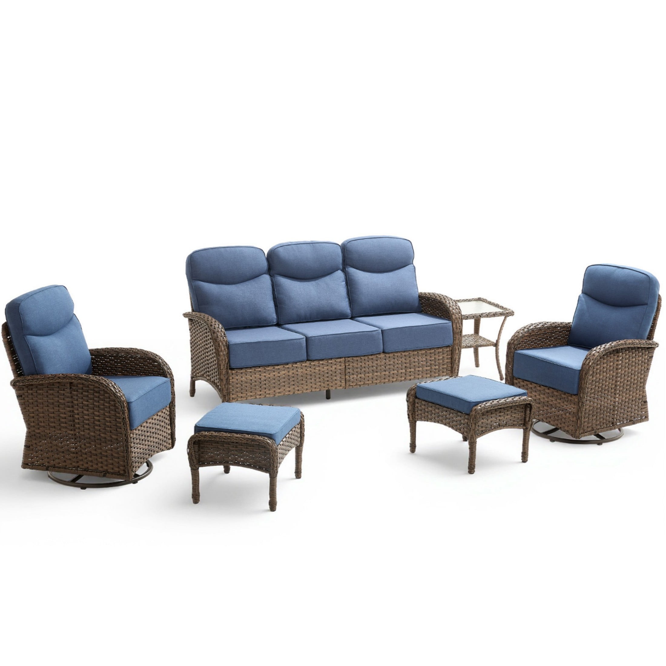 Unnifurnzi 6 Pieces Patio Furniture Set-6'' Thick Cushions Outdoor Furniture with Swivel Rocker Chairs Outdoor Couch and Coffee Table Wicker Patio Furniture for Deck Porch Garden Poolside-Brown/Blue