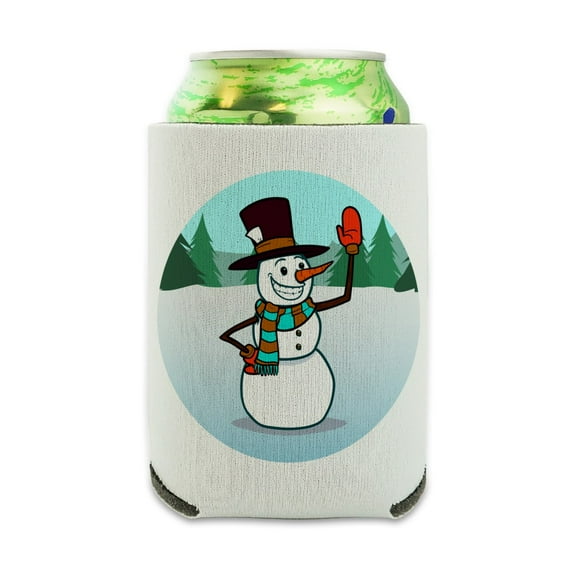 Snowman Waving Christmas Holiday Can Cooler - Drink Sleeve Hugger Collapsible Insulator - Beverage Insulated Holder