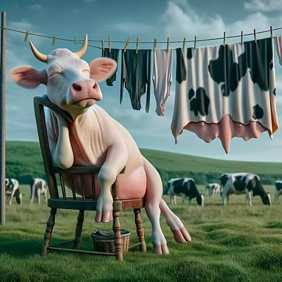 Diamond Painting Kits for Adults Animal Theme with Whimsical Cow & Washline Full Drill DIY Diamond Art for Adults Beginners Picture Art Crystal Painting for Home Wall Decor