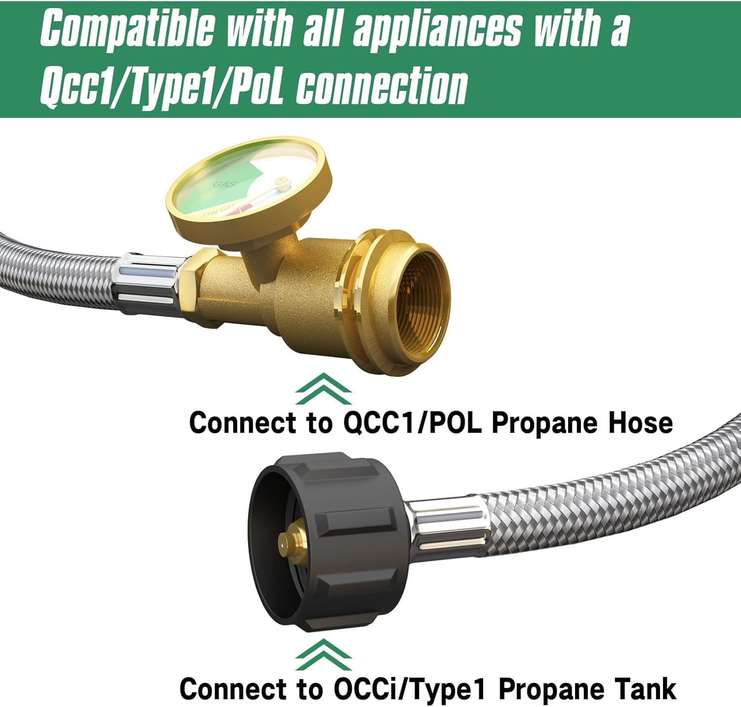 Upgraded 12 FT Propane Tank Extension Hose Braided with Gauge, QCC1/Type 1 Tank Extension Hose, Acme to Male QCC/POL Fitting, Leak Detector Replacement for Propane Tank Appliances, Gas Grill