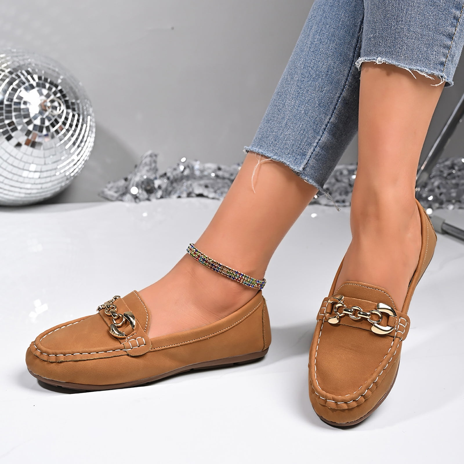 Women's Loafers Wide Width, French Style Suede Metal Chain Flats for Women, Soft Sole Slip-On Casual Shoes, Brown/Teal/Red/Multi-Color