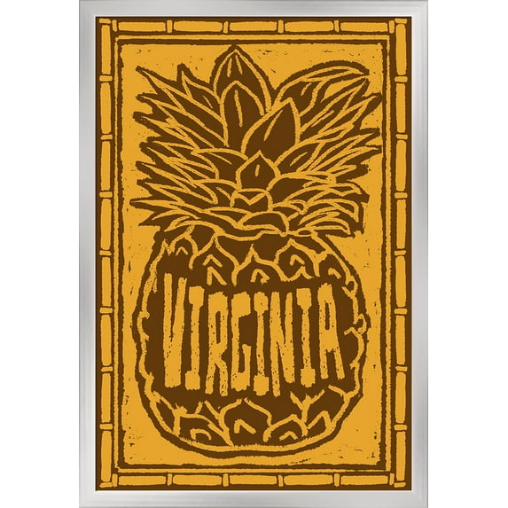 Virginia - Pineapple Woodcut - Brown and gold - Lantern Press Artwork (24x36 Giclee Art Print, Gallery Framed, Silver Wood)