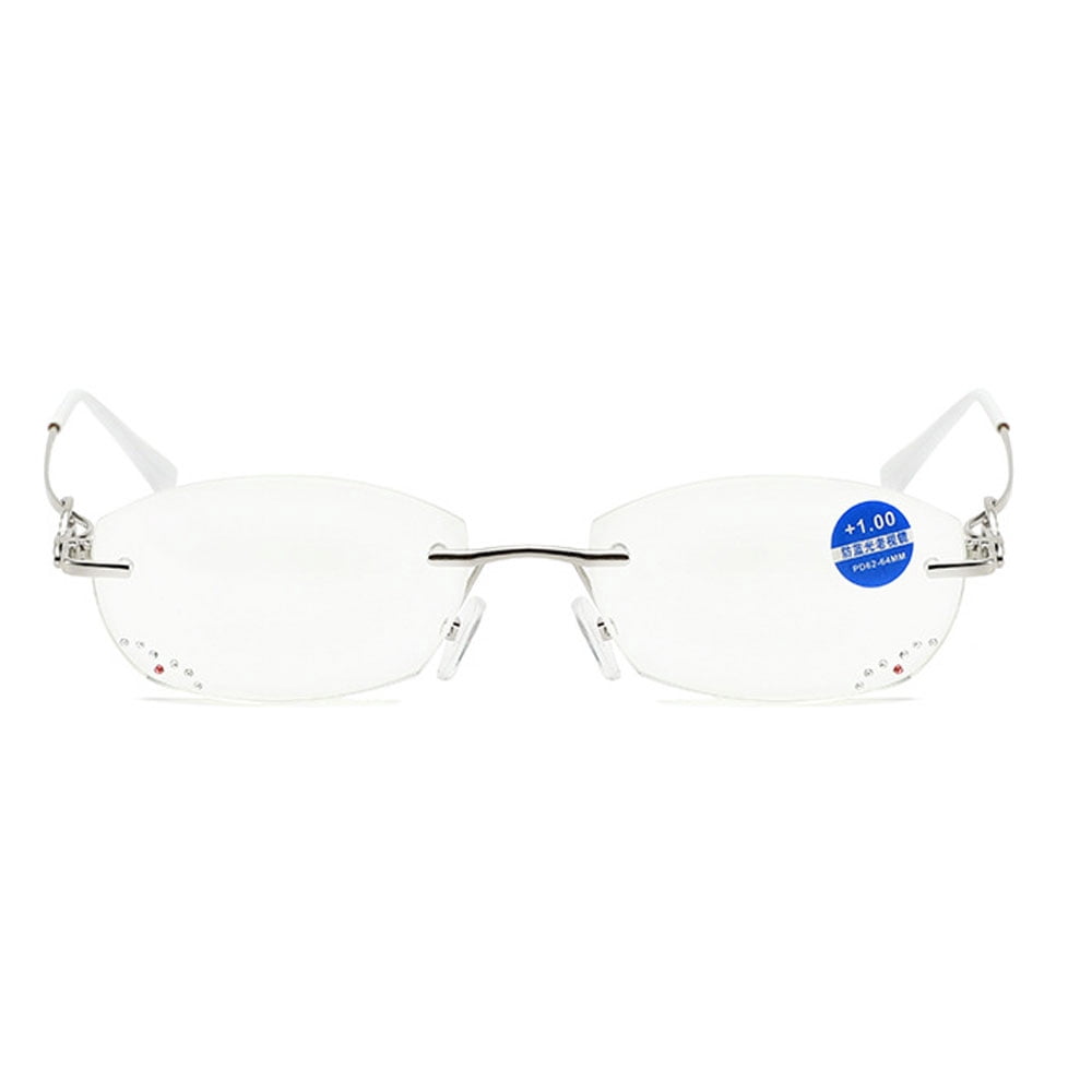 2 Pairs of Women Rimless Blue Light Blocking Reading Glasses 1.50, Ladies Rectangle Metal Silver Presbyopia Glasses Readers +1.50 strength