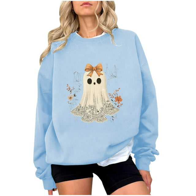 Chandail en Molleton Imprimé Fantôme pour Femmes Chandail Léger et Chaud Blouses Col Rond Manches Longues Ultra Doux Texturé Tenues de Printemps 2025 Chandail Automne Hiver Vêtements