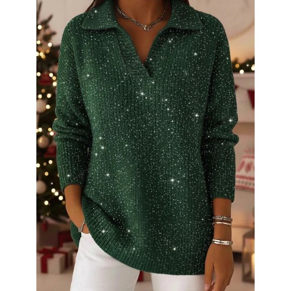 Women's Ribbed Collared V-Neck Sweater, Long Sleeve Loose Mid-Length Pullover with Subtle Shimmer