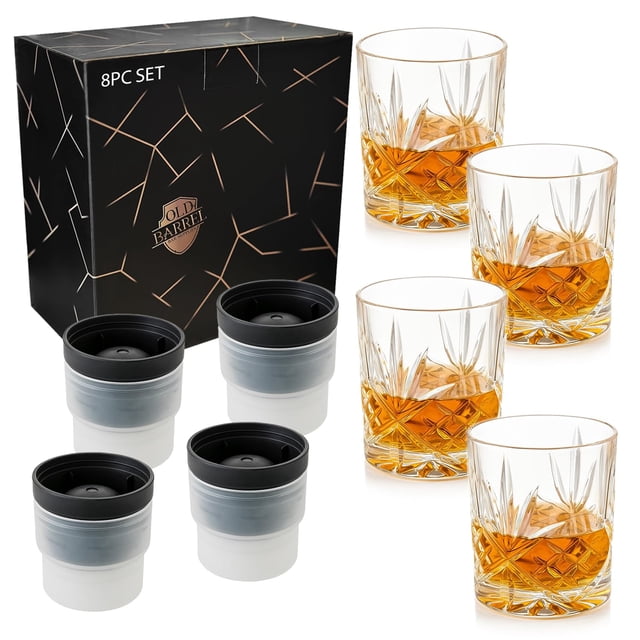 Set de vasos de whisky OLD BARREL de cristal de 300 ml con moldes para bolas de hielo