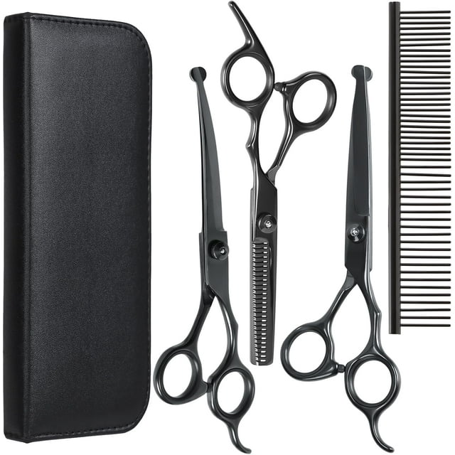 Ciseaux de Toilettage pour Chiens à Pointes Rondes, Titane Robuste, Trousse de Tondeuse de Toilettage pour Animaux, Cisailles Professionnelles Amincissantes, Ciseaux Droits avec Peigne pour Chiens et Chats (Ensemble de )