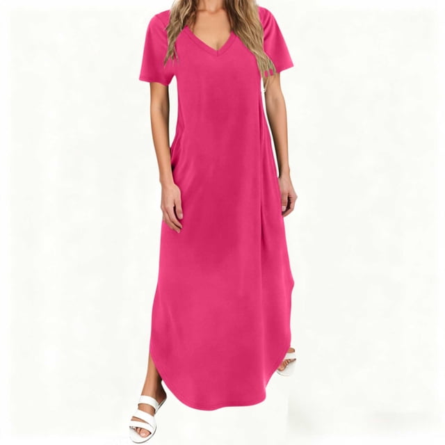 TIMIFIS Maxi Robes pour Femmes Été Manches Courtes Col en V Longue Robe Décontractée Ample Plage Vacances Boho Robes avec Poche