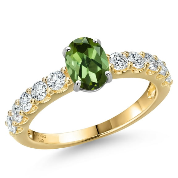 Gem Stone King 14K Two Tone Gold Green Tourmaline and Lab Grown Diamond Engagement Ring for Women | 1.35 Cttw | Oval 7X5MM | Gemstone October Birthstone | Size 6