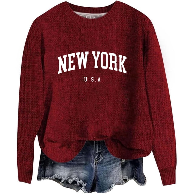 Aocisk Chandail à Lettres Imprimées pour Femmes Col Rond Épaule Tombante Manches Longues pour Automne Hiver Rouge m