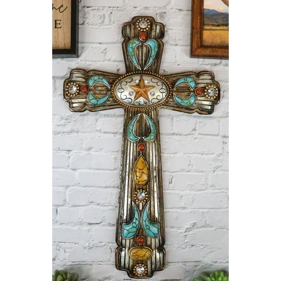 Rustic Southwestern Turquoise Ornate Patterns Western Star Concho Wall Cross