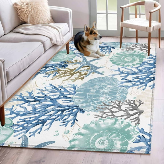 Blue Teal Coastal Area Rug 3x5 Washable Rug Non Slip Summer Beach Nautical Coral Starfish Large Area Rug Indoor Floor Carpet for Entryway Bedroom Kitchen Living Room Home Office Dining Room Nursery