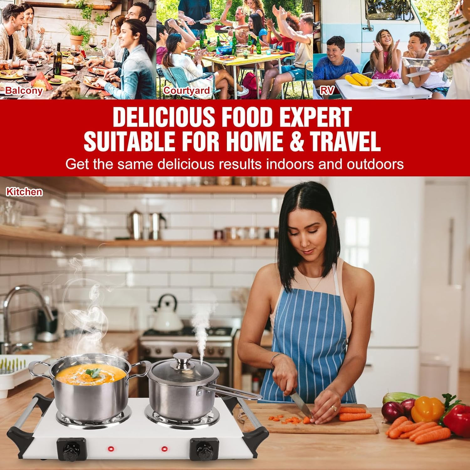 DICEEVIL Electric Double Burner, 2000W Portable Electric Stove Countertop Double Burner, Hot Plate with Handles & Adjustable Temperature, Cooktop for Cooking, Home, Camp, White