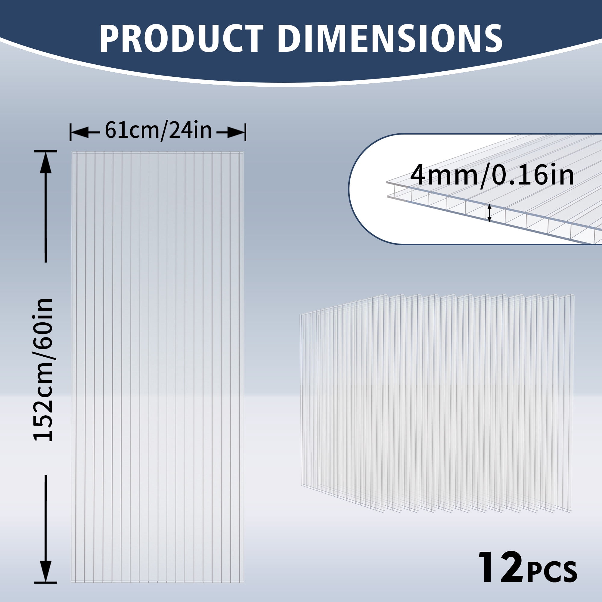 Vigo huseeo 12 pieces of twin-wall plastic panels, 5' x 2' x 0.16", polycarbonate greenhouse panels, suitable for pergola roof, window, and wall
