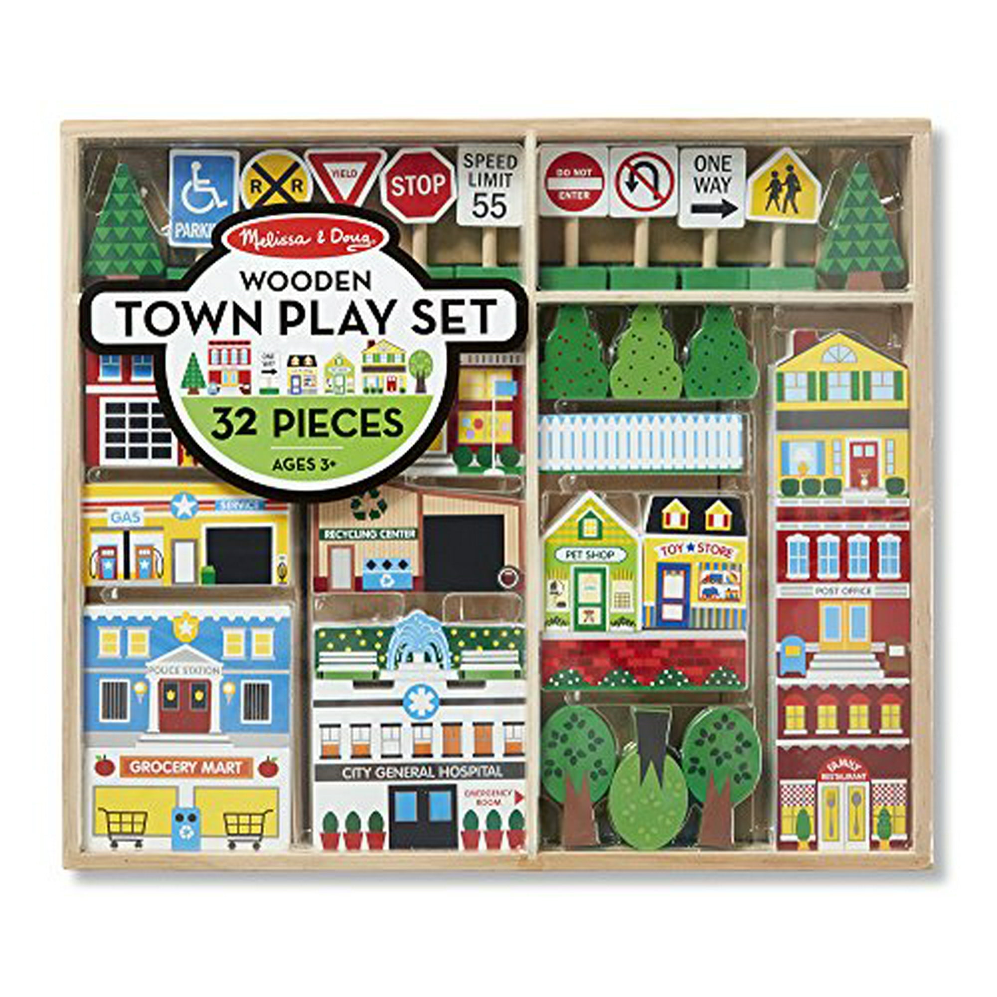 メルール　MELUR THE HAPPY MELUR TOWN BOXセット Melissa & Doug Wooden Town Play Set With Storage Tray (32 Pcs