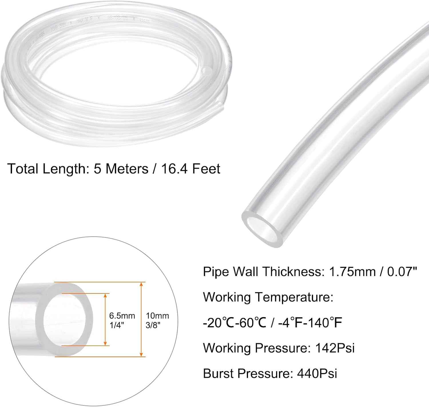 MKEUDQ-Pneumatic Tubing Pipe Pu Hose 10mm OD x 6.5mm ID 5 Meters(16.4 FT) Air Compressor PU Polyurethane Line Hose Tube for Air Compressor Water Fluid Transfer, Clear