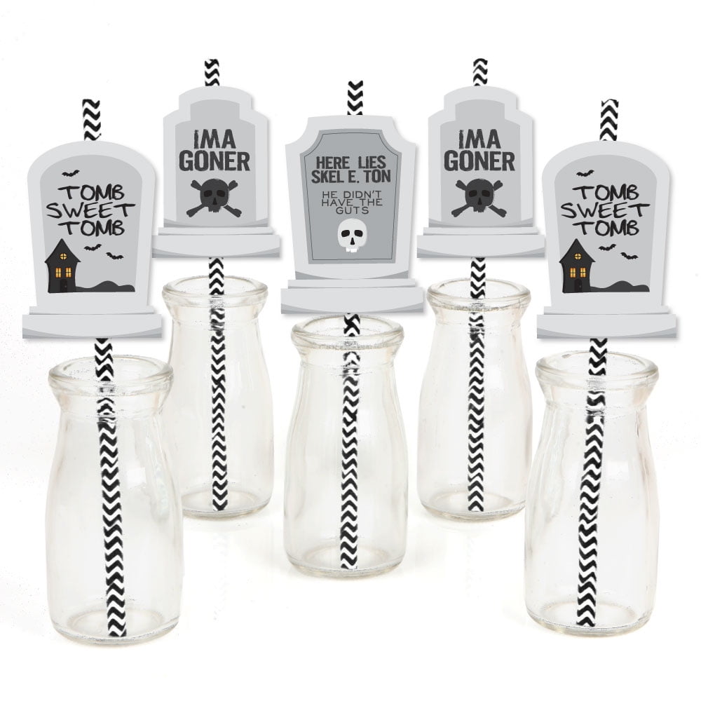 Graveyard Tombstones - Paper Straw Decor - Halloween Party Striped Decorative Straws - Set of 24